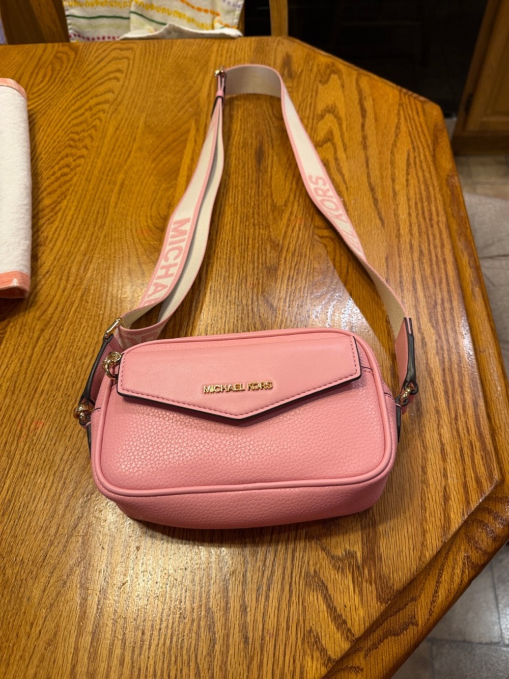 Michael Kors Pink Pebbled Leather Crossbody Camera Bag with Branded Strap